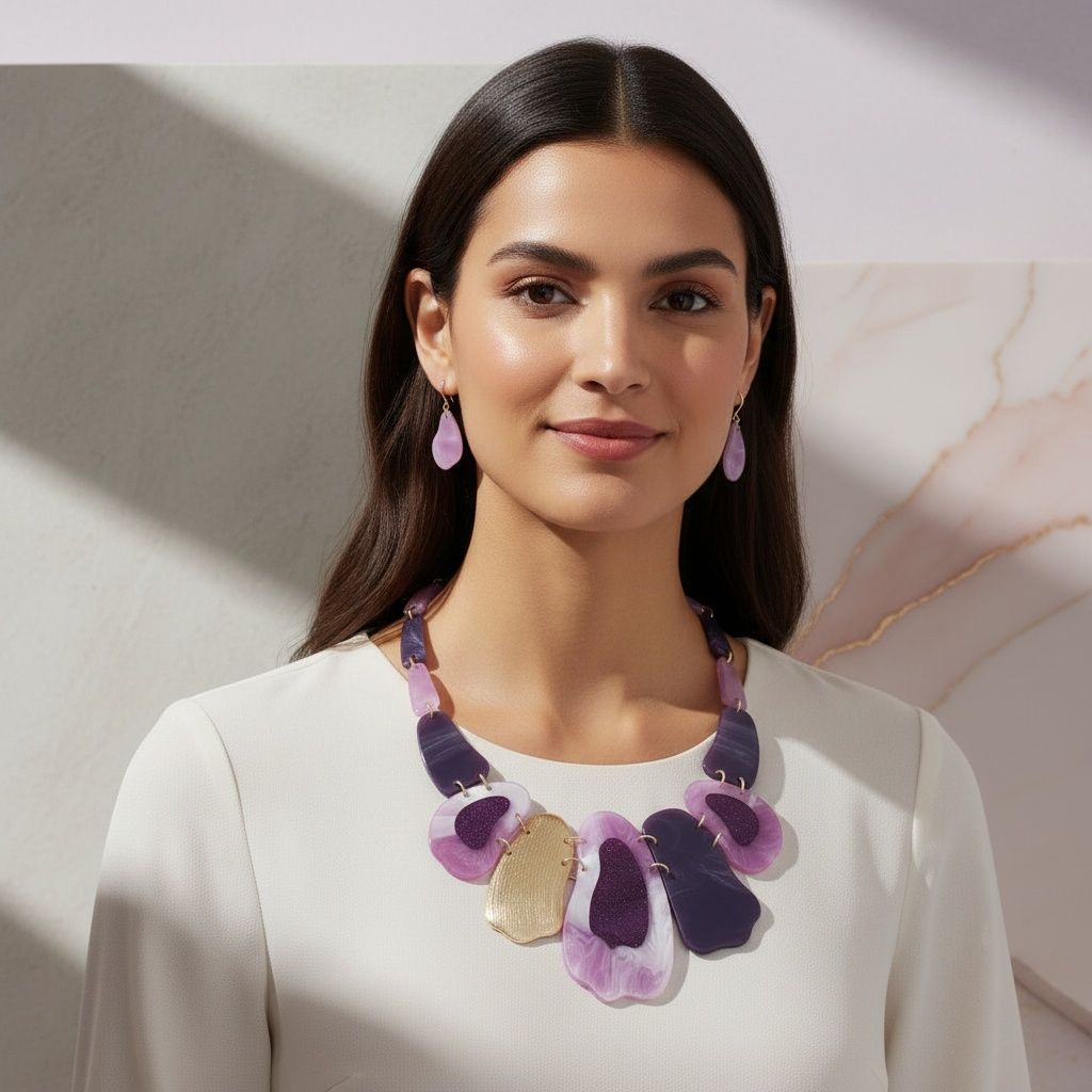 Bib Marbled Purple Link Necklace for Women