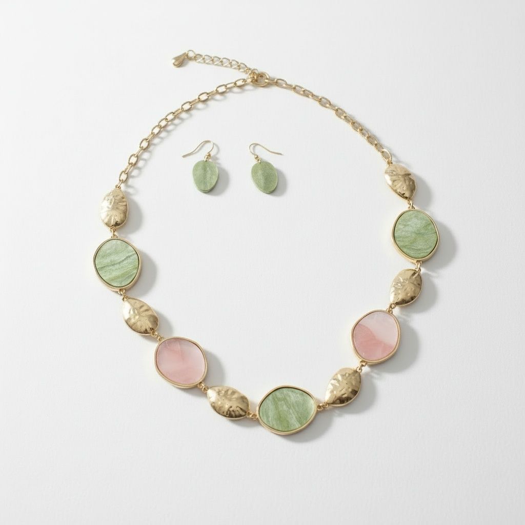 AKA Pink and Green Long Gold Linked Necklace