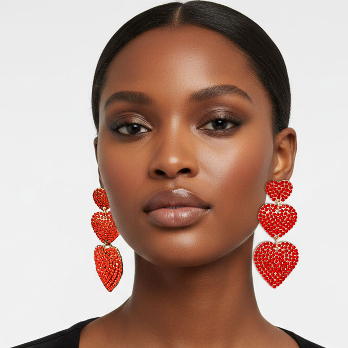 Dangle Red Rhinestone Triple Heart Earrings