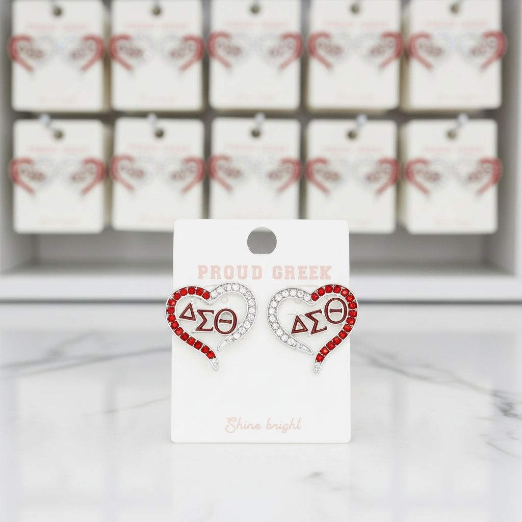 DST Sorority Heart Red Clear Bling Stud Earrings