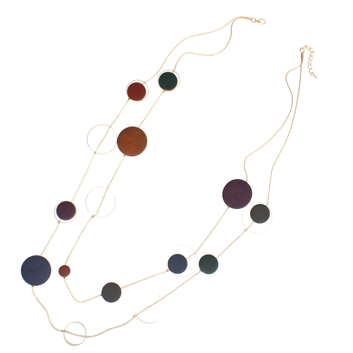 Long Multicolor Wood Disc Layered Gold Necklace