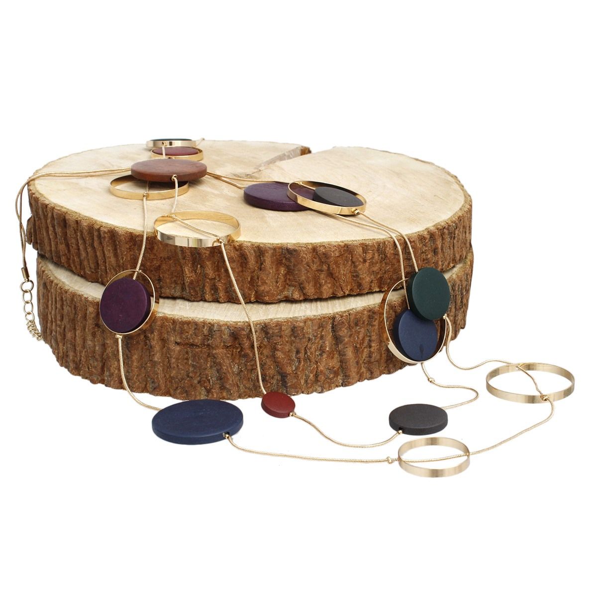 Long Multicolor Wood Disc Layered Gold Necklace