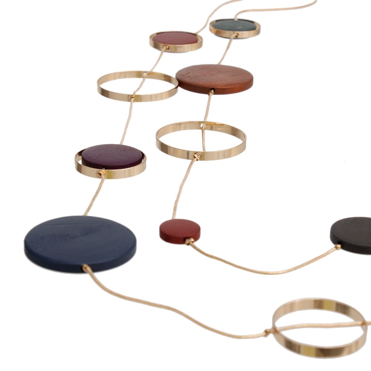 Long Multicolor Wood Disc Layered Gold Necklace
