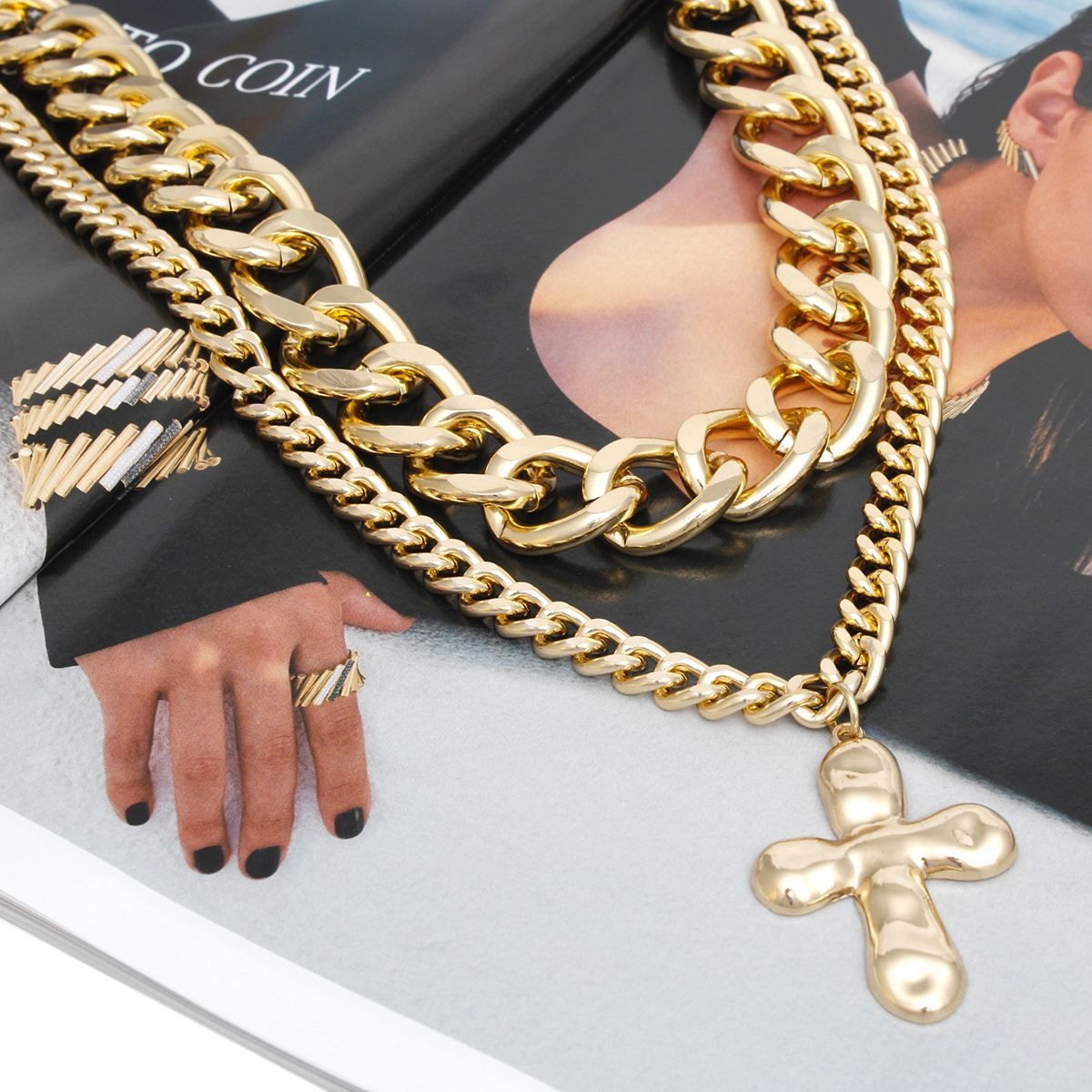 Chain Gold Hammered Cross Pendant Layered Necklace