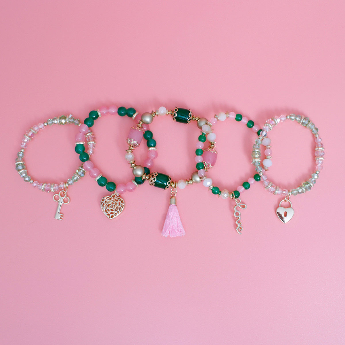 Pink Green Glass Love AKA Bracelets|Stretch to Fit