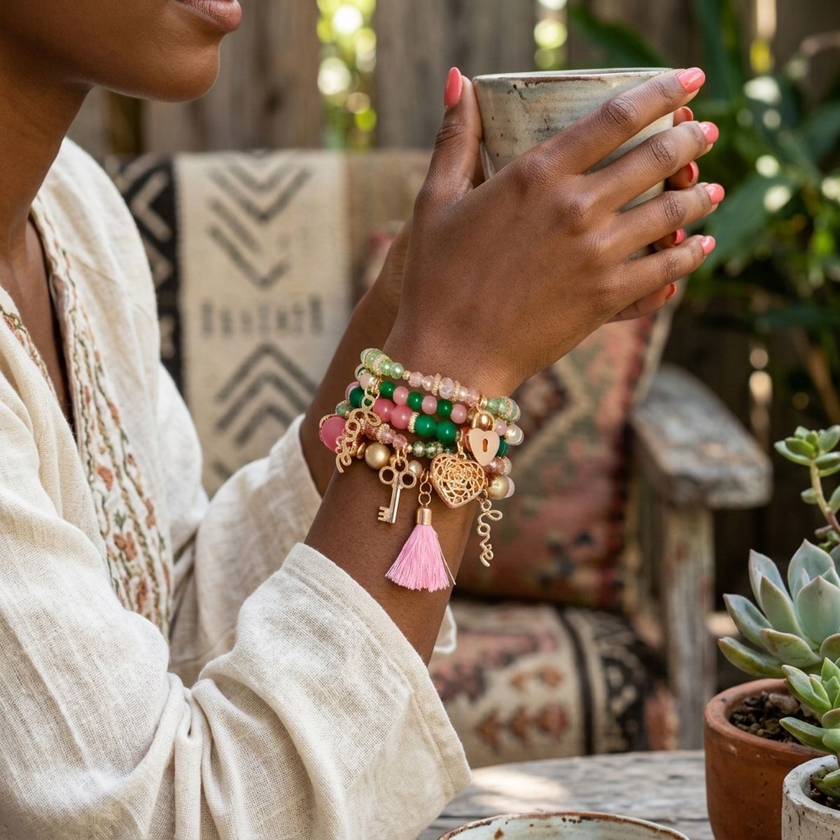 Pink Green Glass Love AKA Bracelets|Stretch to Fit