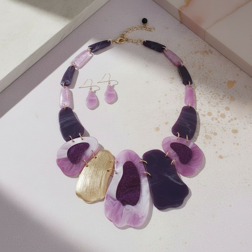 Bib Marbled Purple Link Necklace for Women