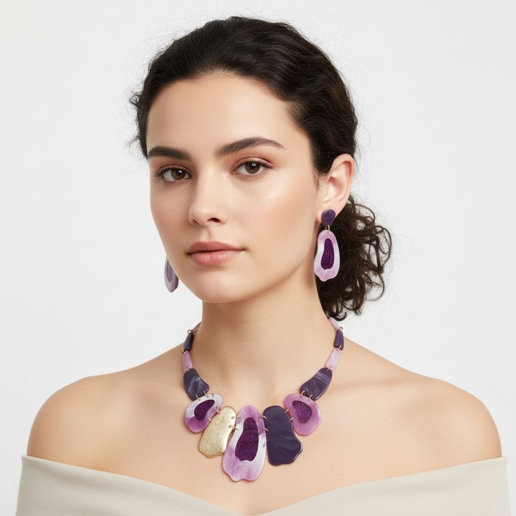 Bib Marbled Purple Link Necklace for Women