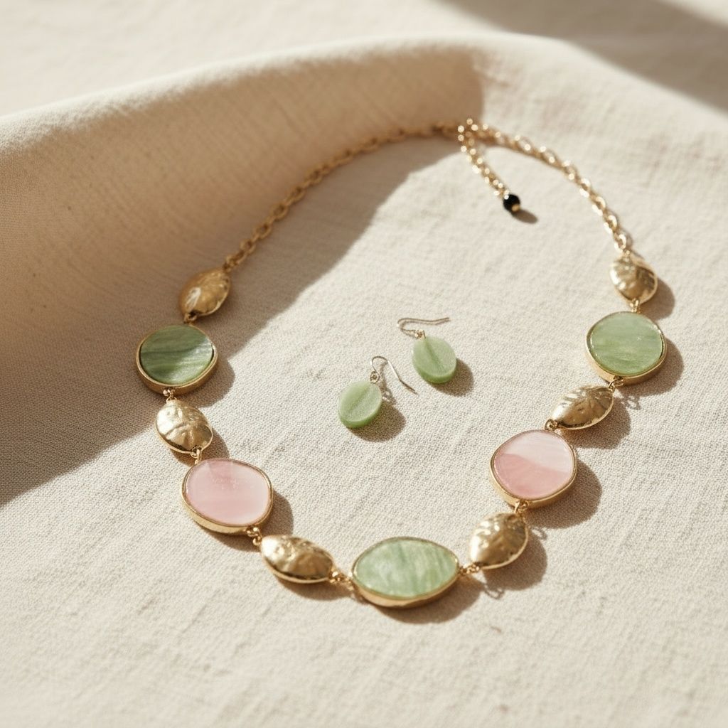 AKA Pink and Green Long Gold Linked Necklace