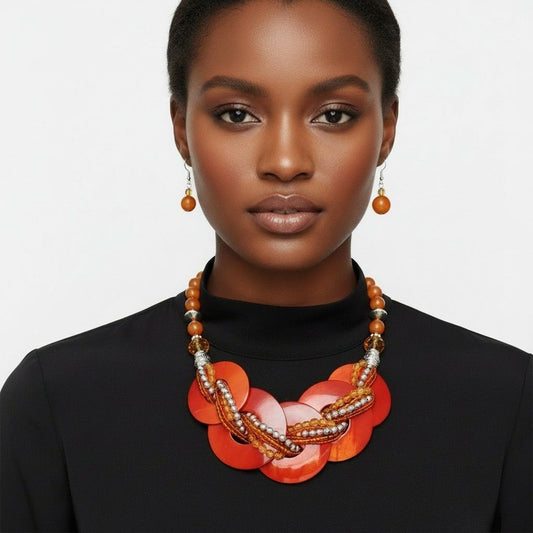 Collar Orange Shell Disc Beaded Necklace for Women