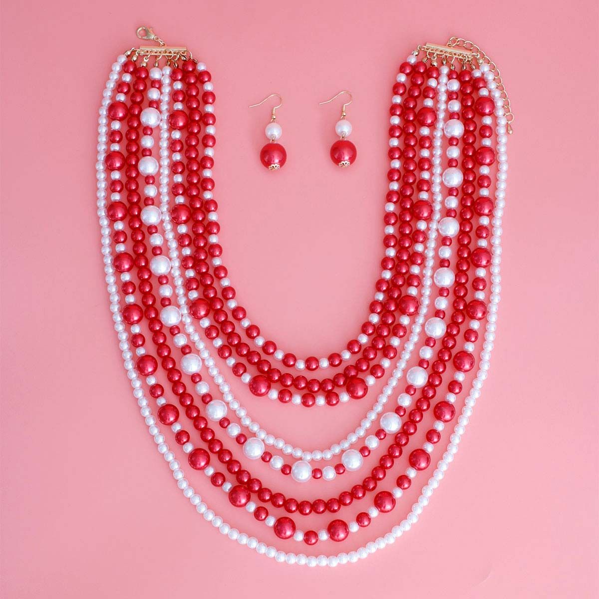 Red White Pearl 8 Strand DST Necklace Set|20 inches