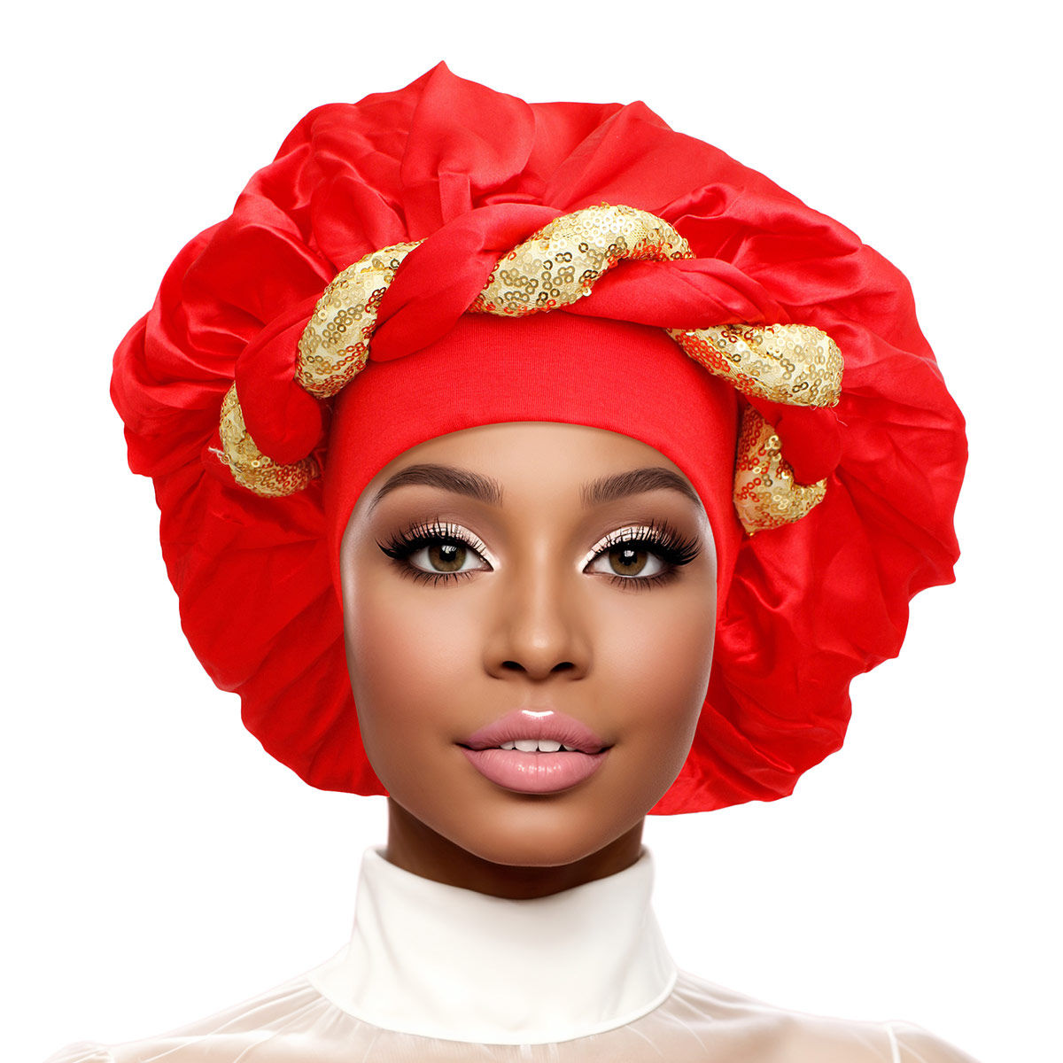 Bonnet Red Gold Satin Wide Edge Twist Women