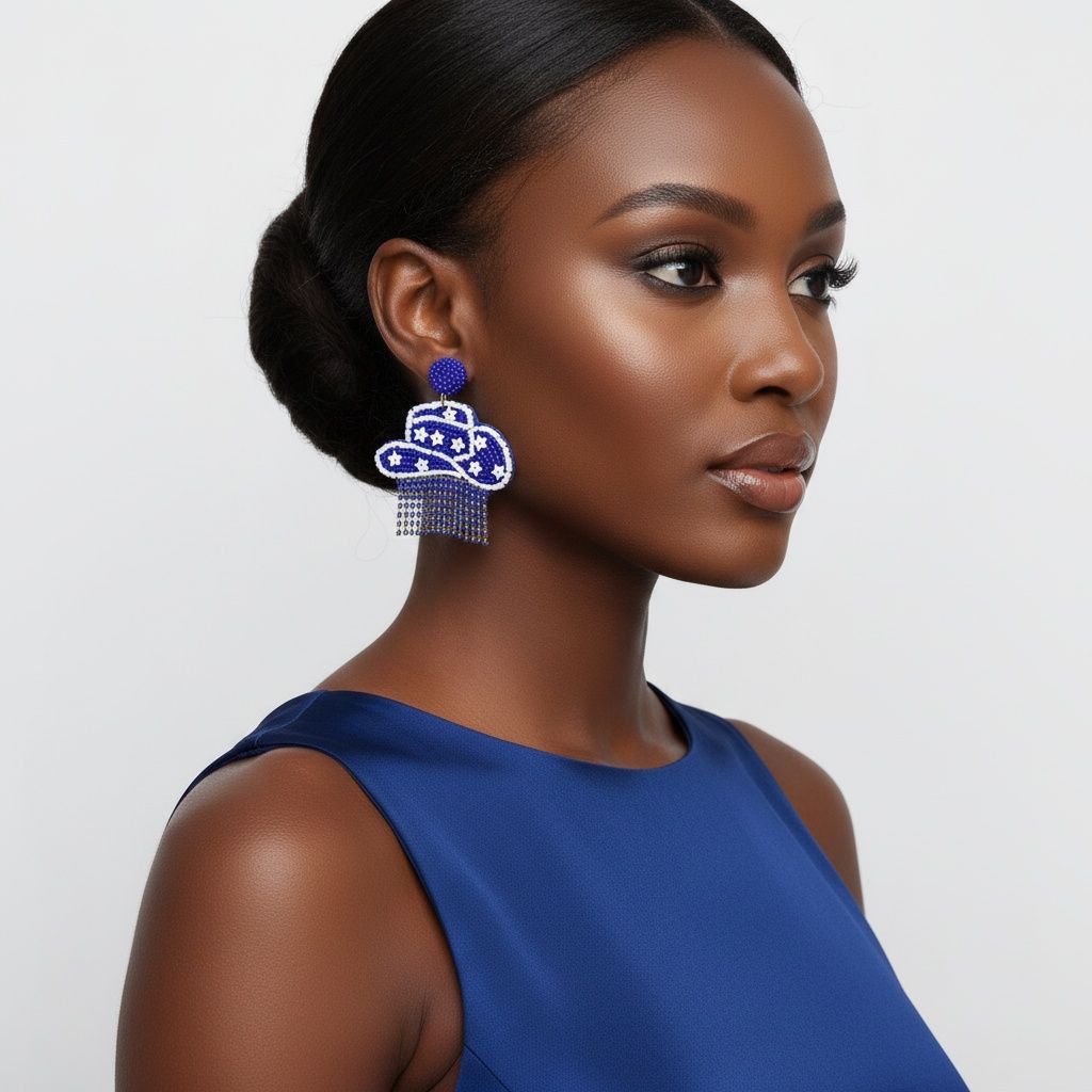 Fringe Blue White Bead Bling Cowboy Hat Earrings