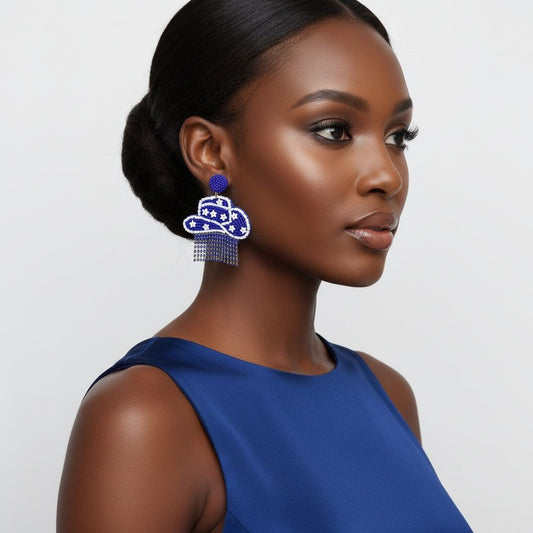 Fringe Blue White Bead Bling Cowboy Hat Earrings