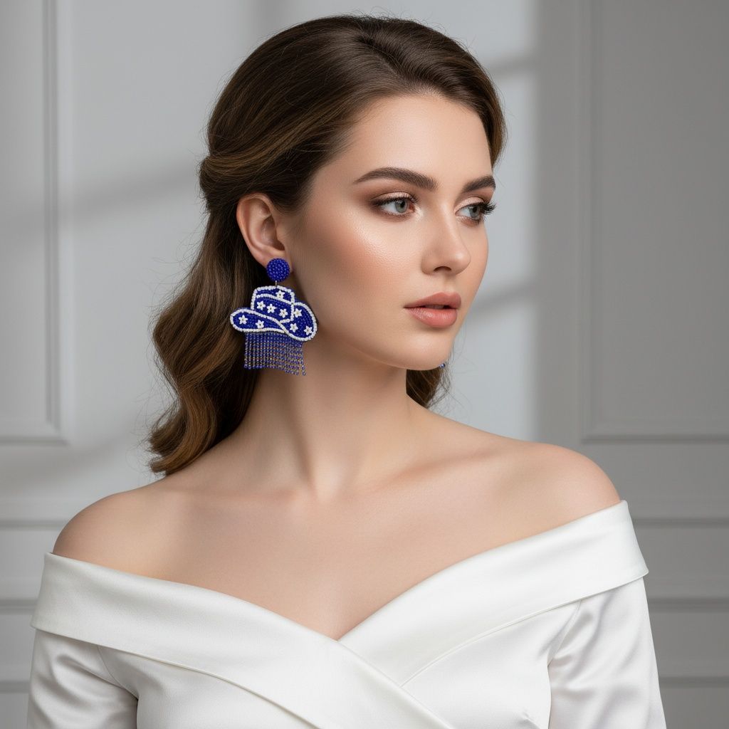 Fringe Blue White Bead Bling Cowboy Hat Earrings