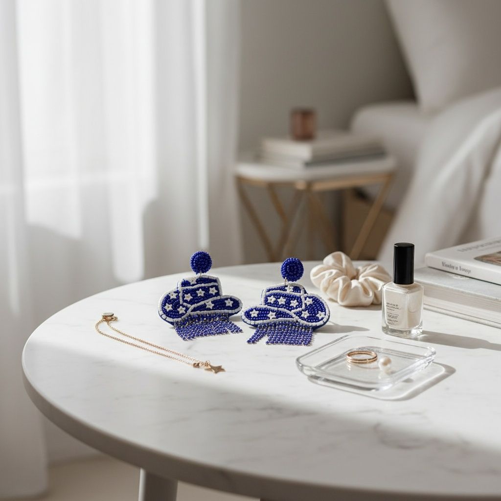 Fringe Blue White Bead Bling Cowboy Hat Earrings