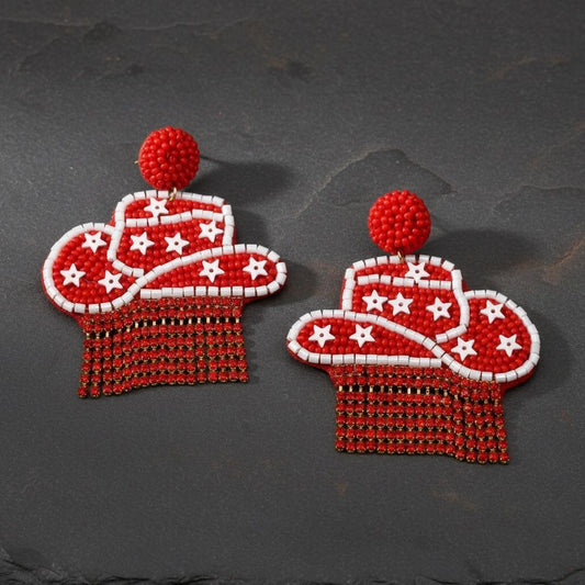 Fringe Red White Bead Bling Cowboy Hat Earrings