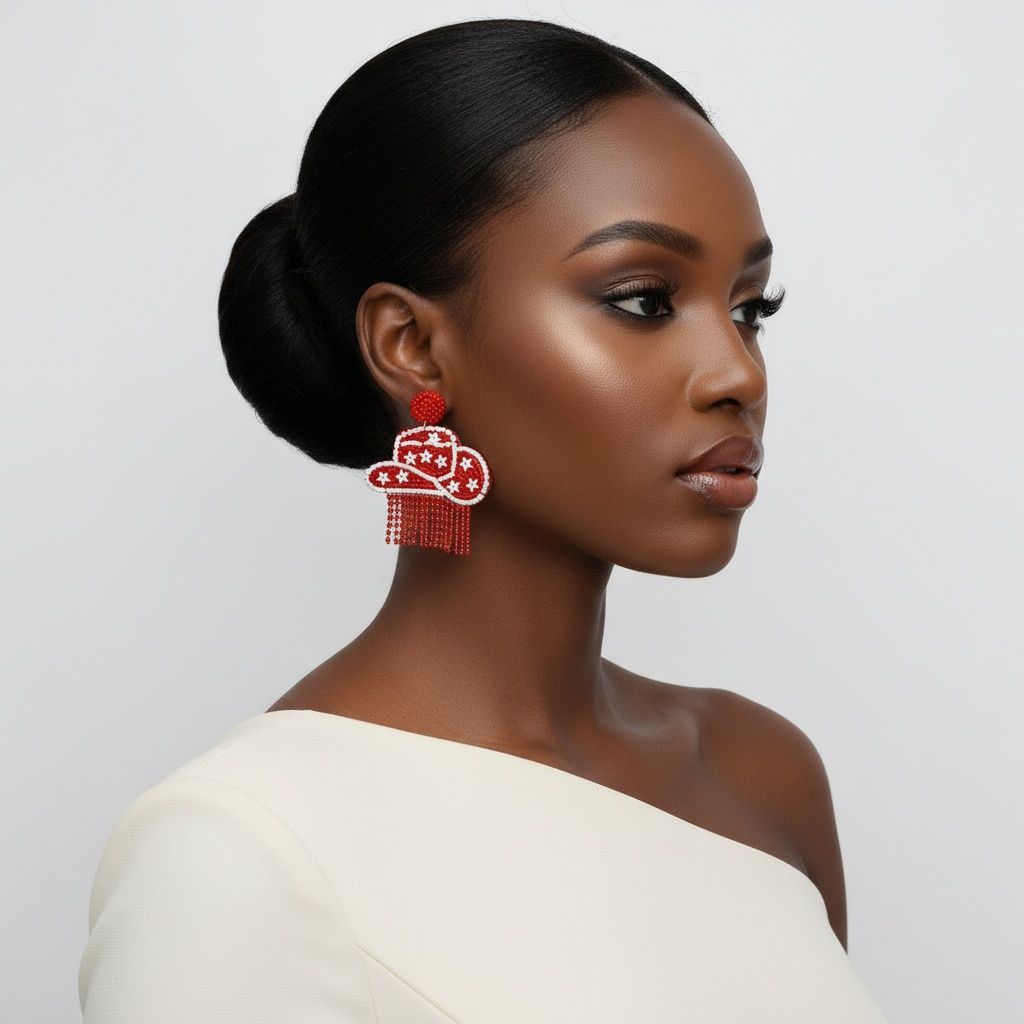 Fringe Red White Bead Bling Cowboy Hat Earrings