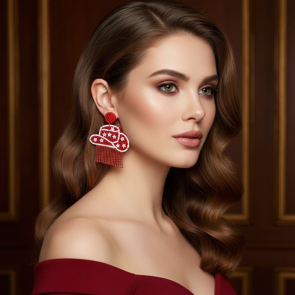 Fringe Red White Bead Bling Cowboy Hat Earrings