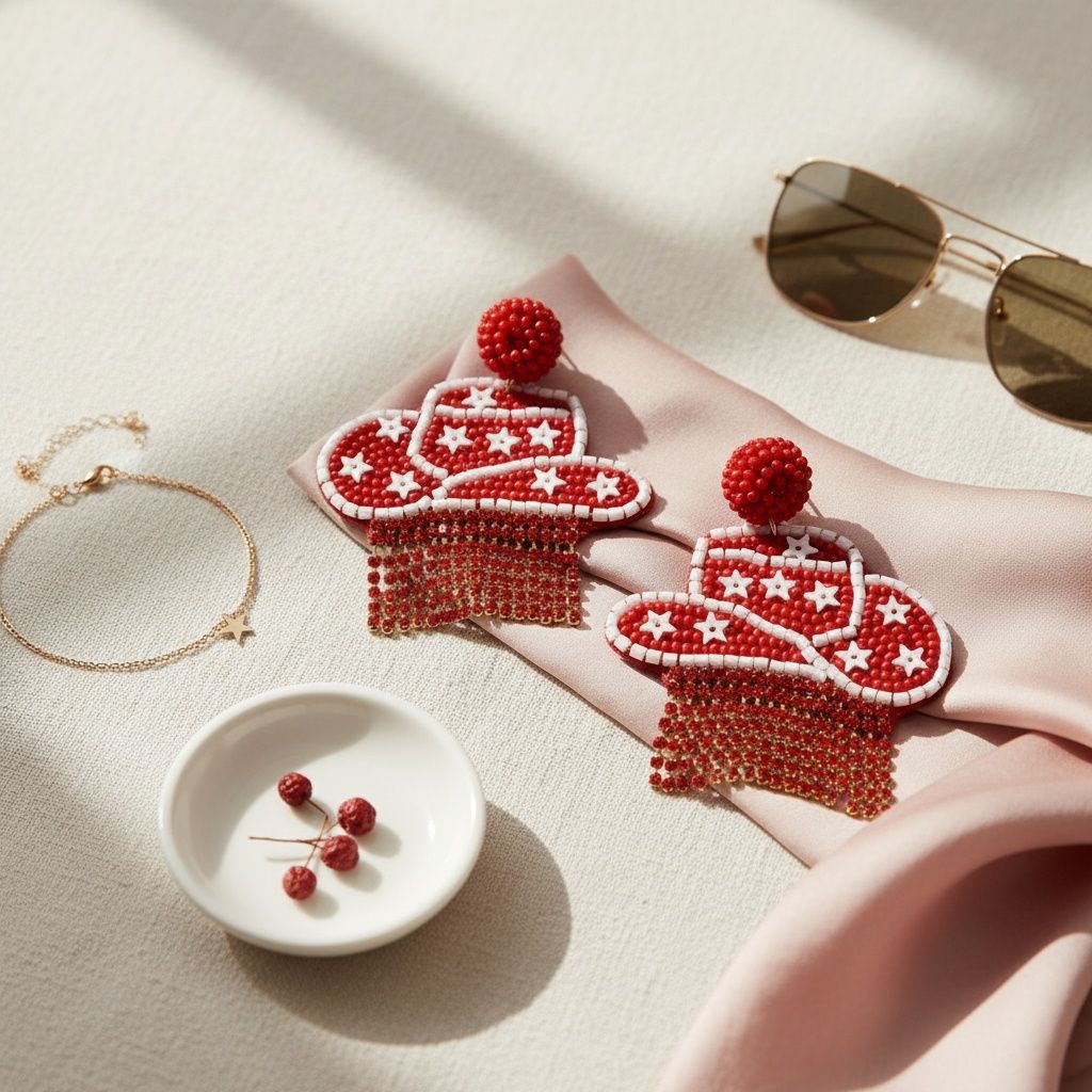 Fringe Red White Bead Bling Cowboy Hat Earrings