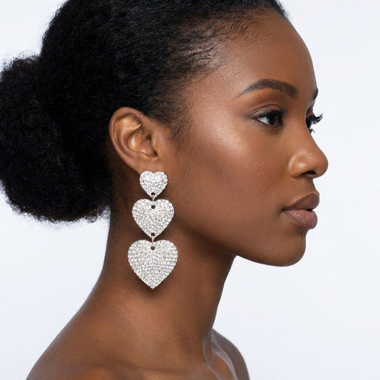 Dangle Silver Rhinestone Triple Heart Earrings