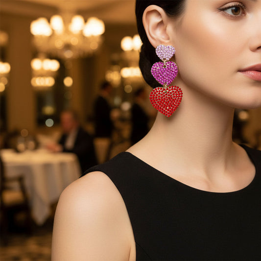 Dangle Multicolor Rhinestone Triple Heart Earrings