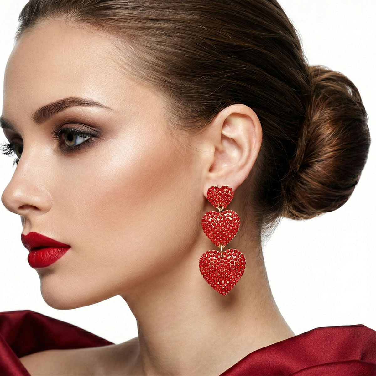 Dangle Red Rhinestone Triple Heart Earrings