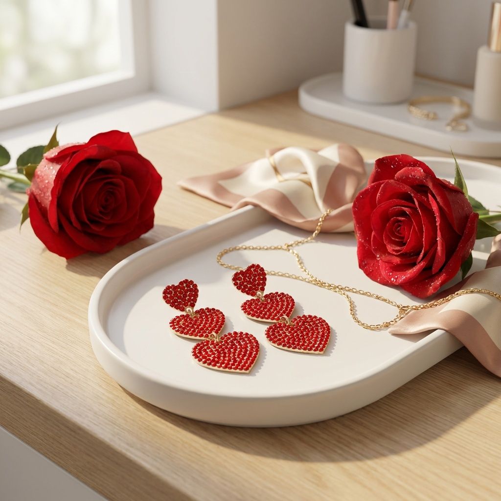 Dangle Red Rhinestone Triple Heart Earrings