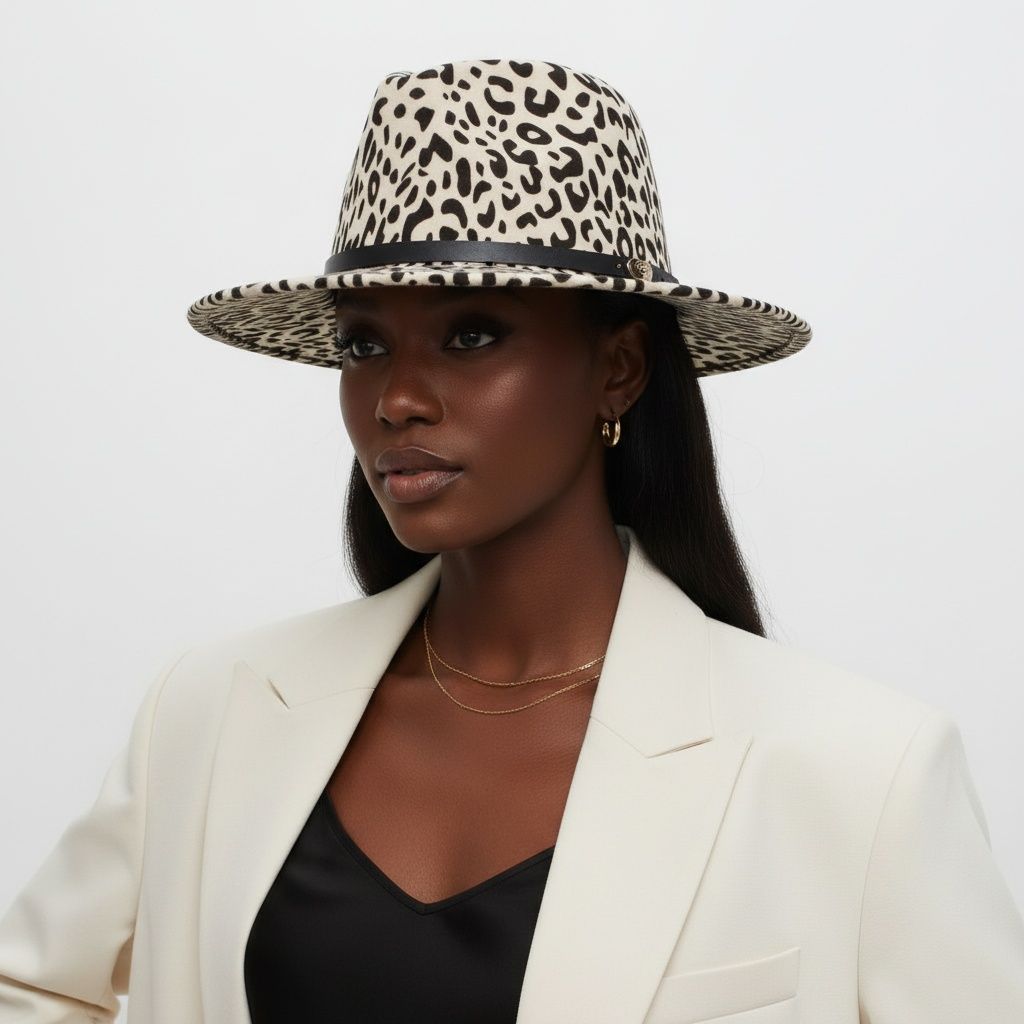 Fedora Beige Ivory With Black Leopard Print Hat