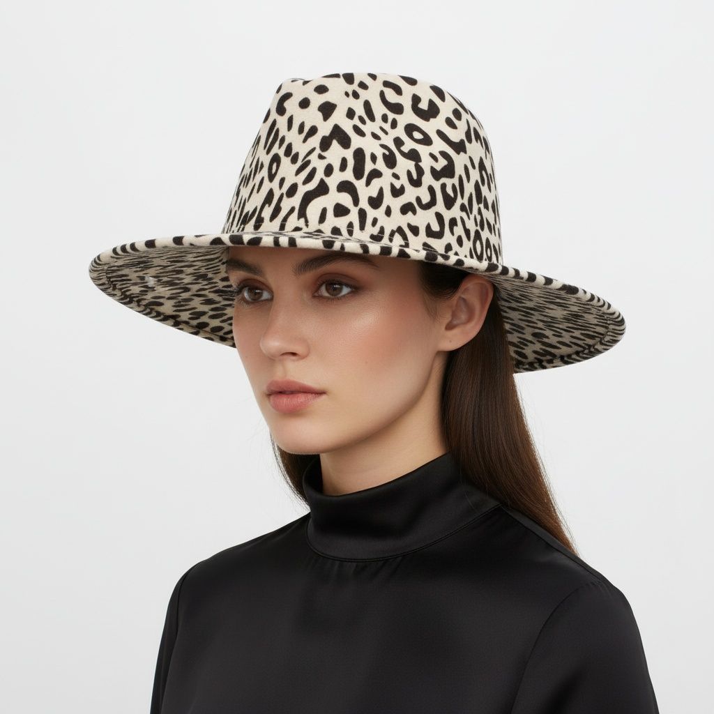 Fedora Beige Ivory With Black Leopard Print Hat