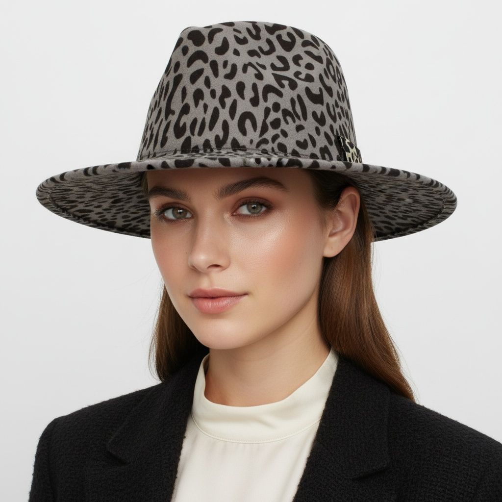 Fedora Gray with Black Leopard Print Hat