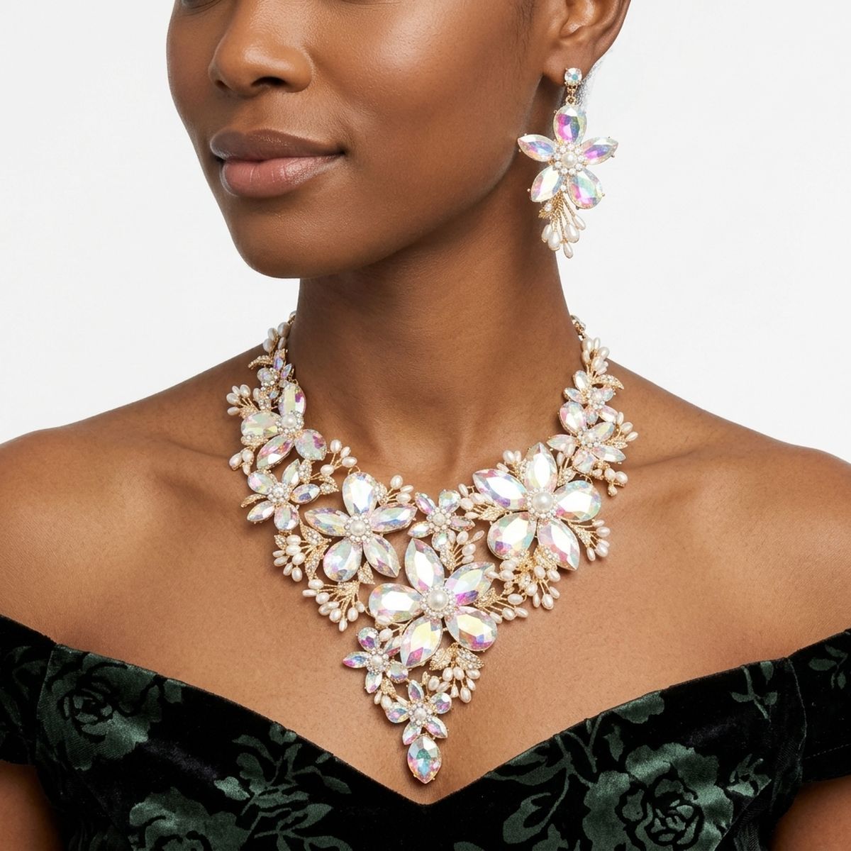 Gold Aurbo Glass Flower Crystal Large Bib Necklace