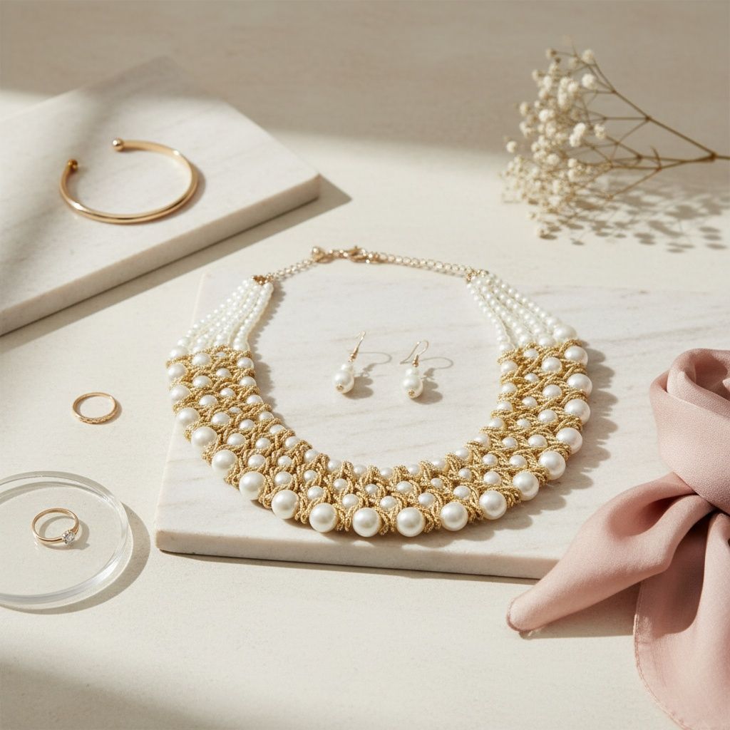 Cream Pearl Woven Collar Bib Boutique Necklace