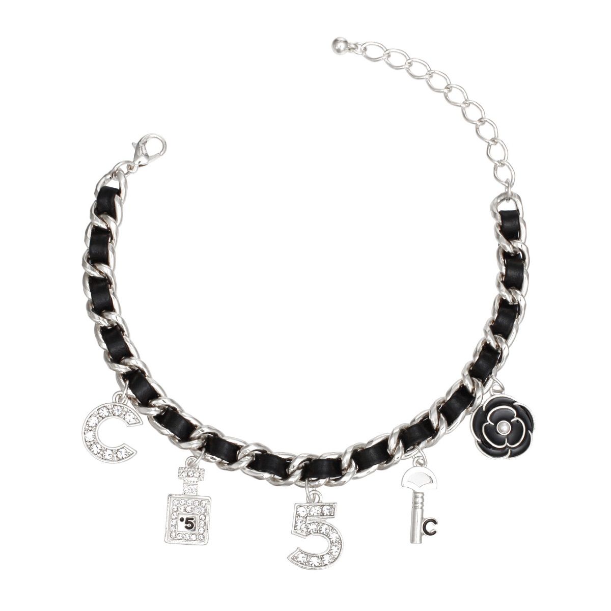 Anklet Black Woven Silver Chain Camellia Charms