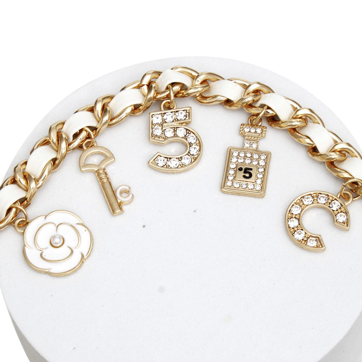 Anklet White Woven Gold Chain Camellia Charms