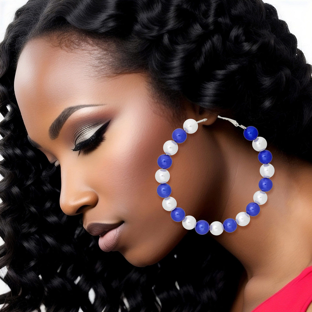 ZPB Sorority Blue White Pearl Hoops for Women