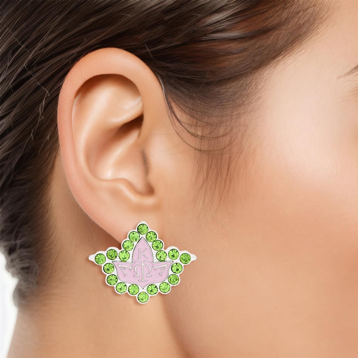 AKA Sorority Pink Green Stone Ivy Leaf Studs