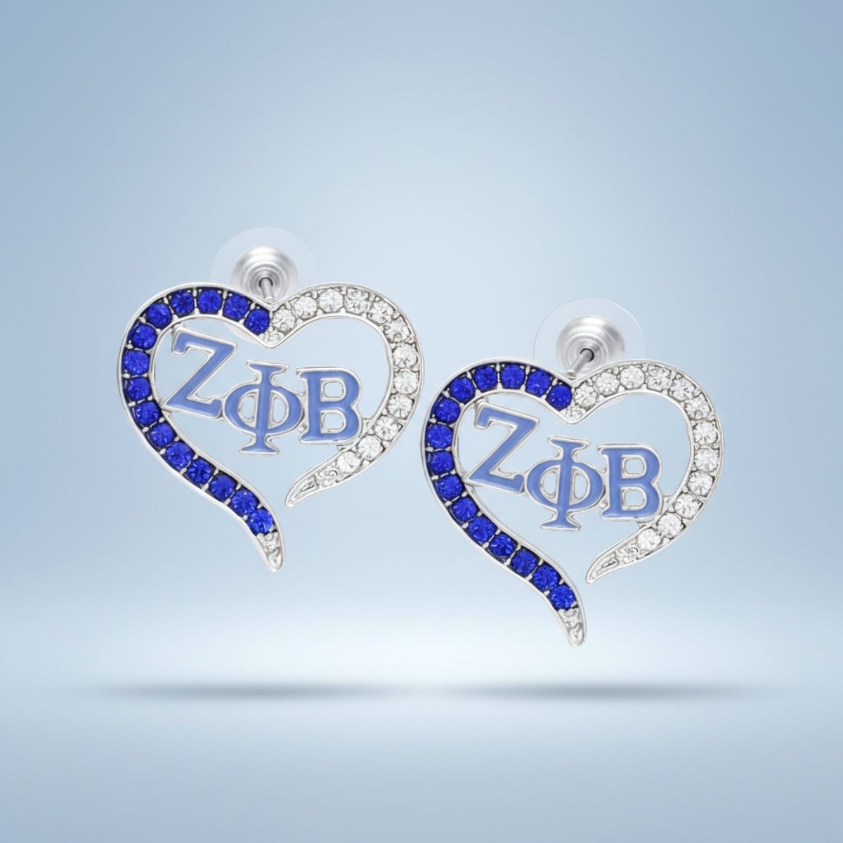 ZPB Sorority Heart Blue Clear Bling Stud Earrings