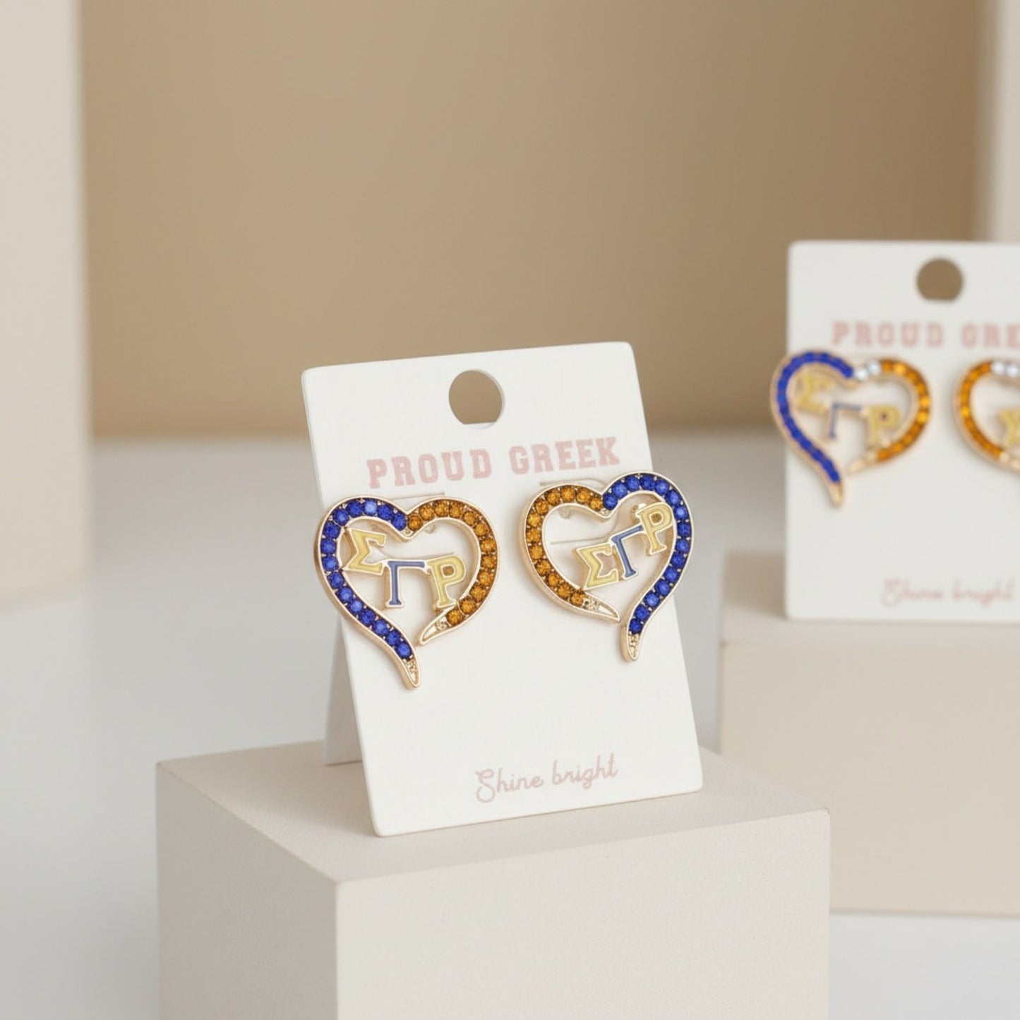 SGRHO Sorority Heart Blue Gold Bling Stud Earrings