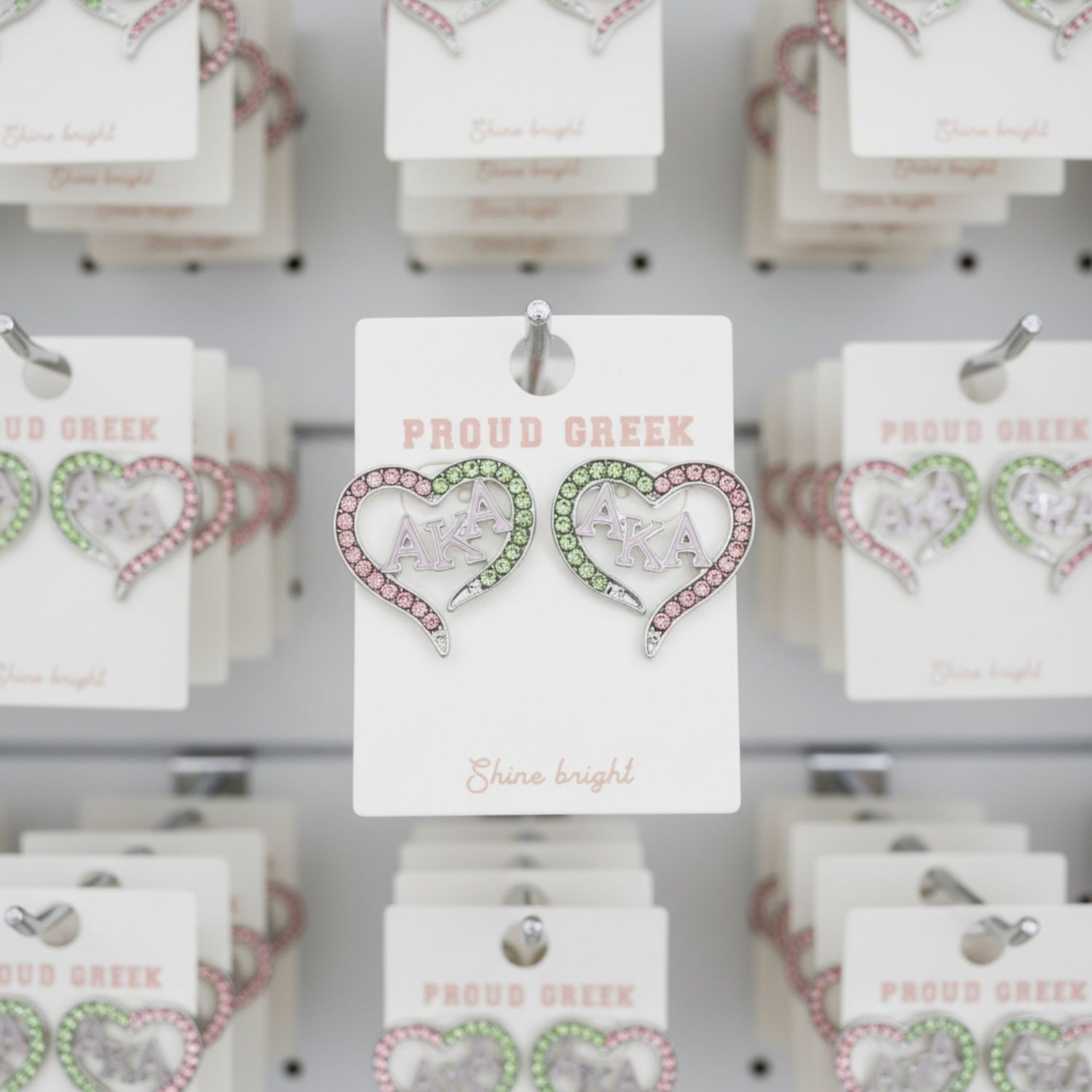 AKA Sorority Heart Pink Green Bling Stud Earrings