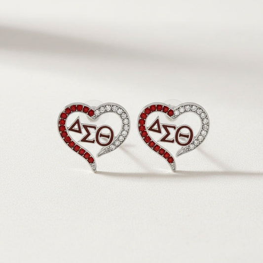 DST Sorority Heart Red Clear Bling Stud Earrings