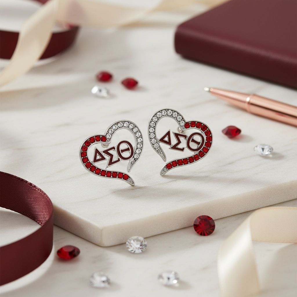 DST Sorority Heart Red Clear Bling Stud Earrings