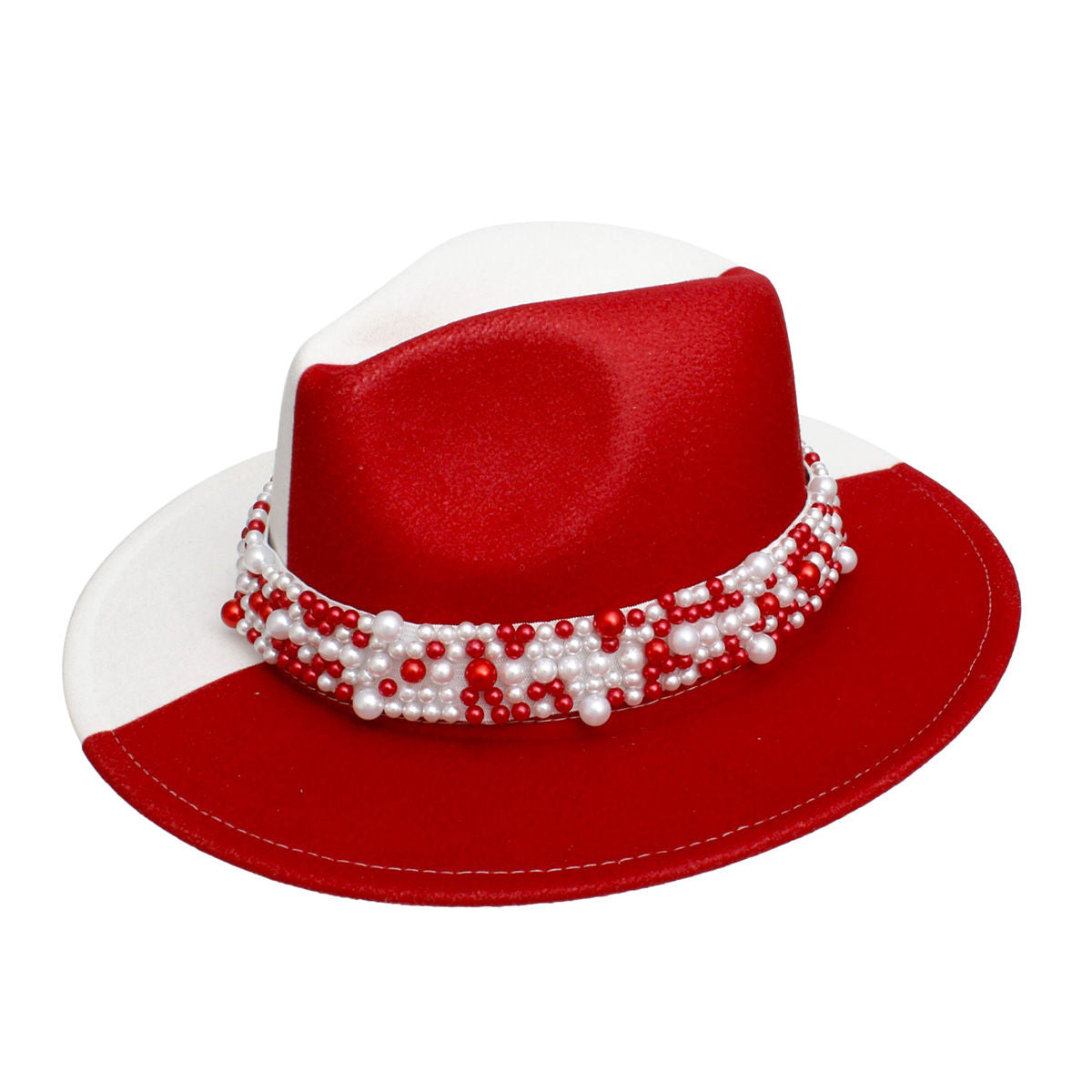 DST Sorority Red White Fedora Pearl Hat for Women