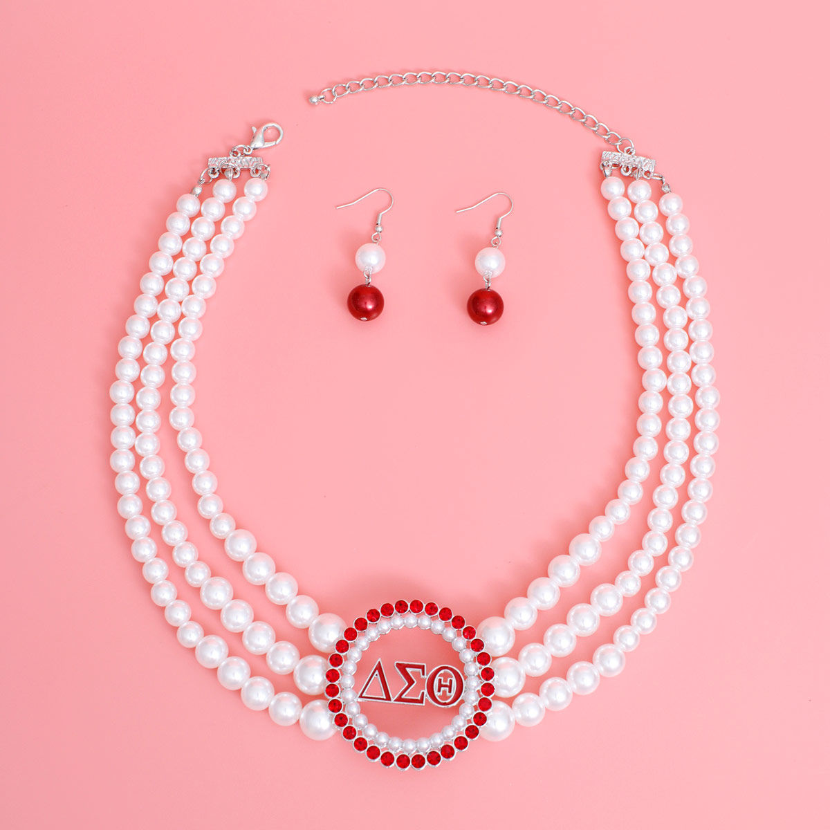 Pearl Necklace Red White Delta Soror Set