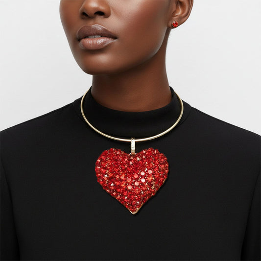 Pendant Red Rhinestone Domed Heart Chunky Necklace