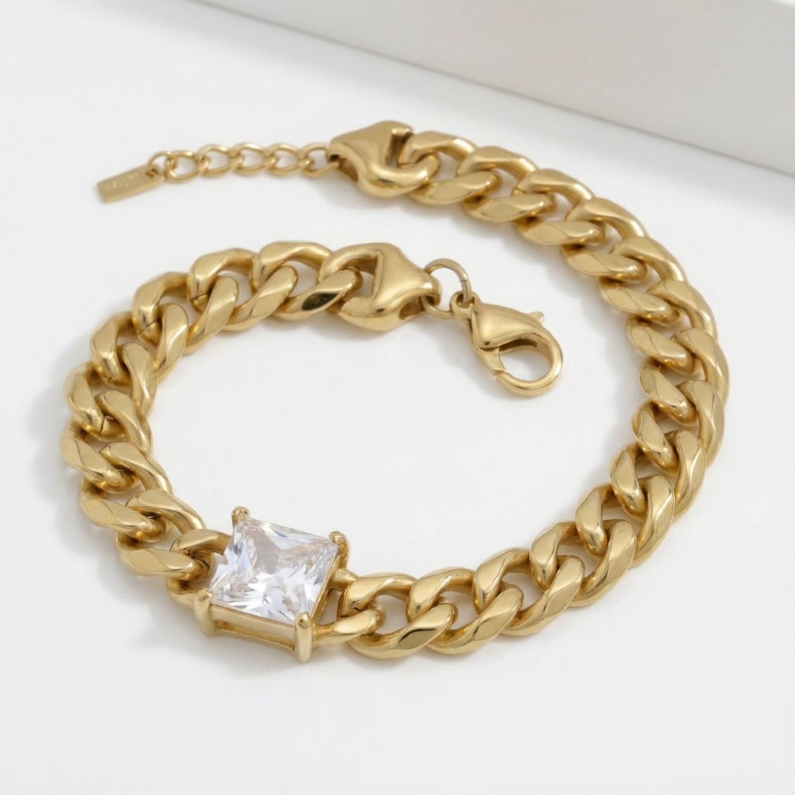 Gold 18K Steel Princess CZ Cuban Chain Bracelet