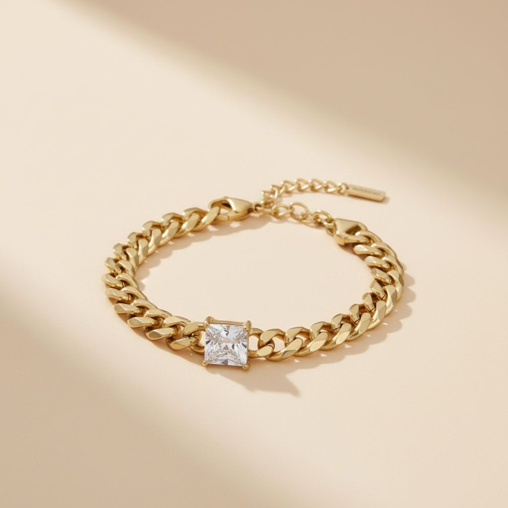 Gold 18K Steel Princess CZ Cuban Chain Bracelet