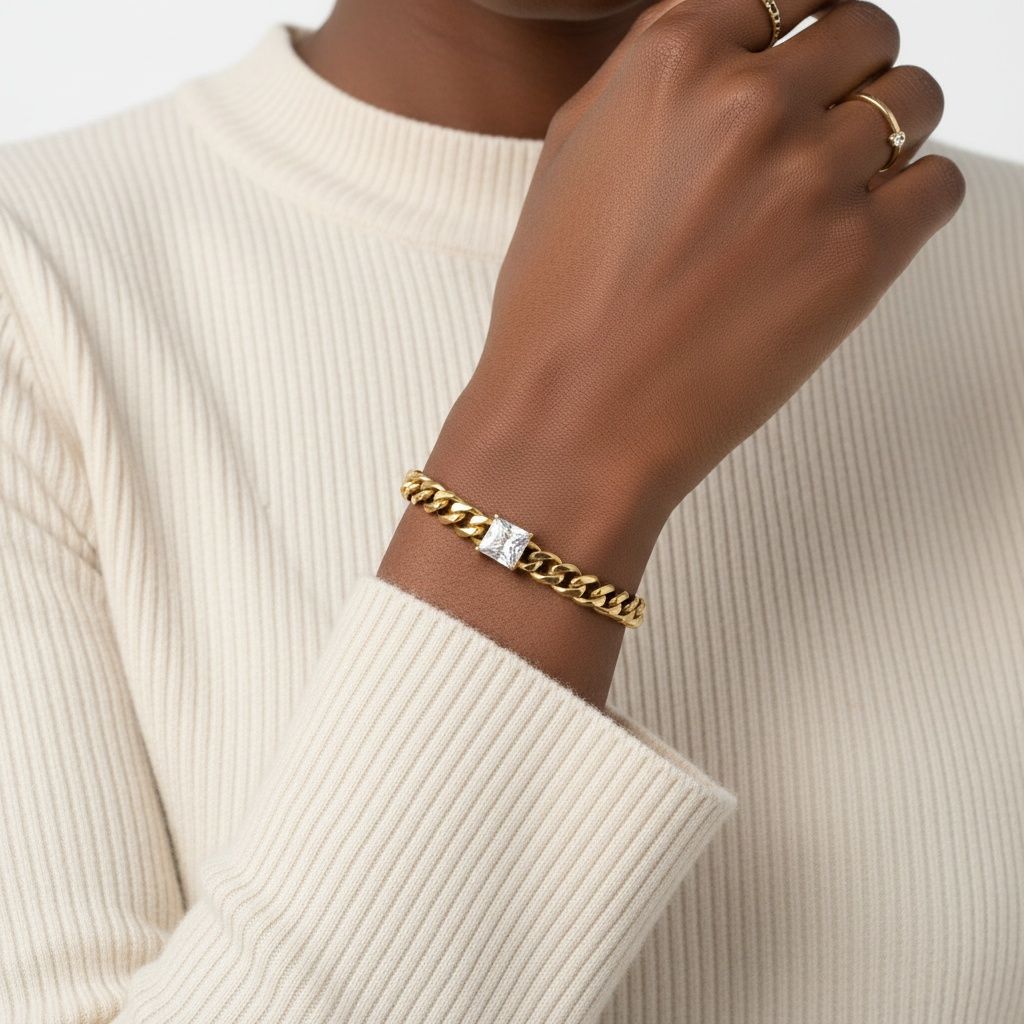 Gold 18K Steel Princess CZ Cuban Chain Bracelet