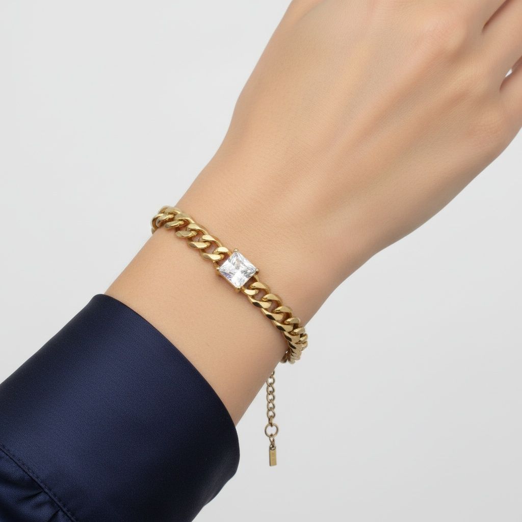 Gold 18K Steel Princess CZ Cuban Chain Bracelet