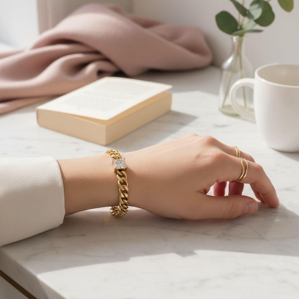 Gold 18K Steel Princess CZ Cuban Chain Bracelet